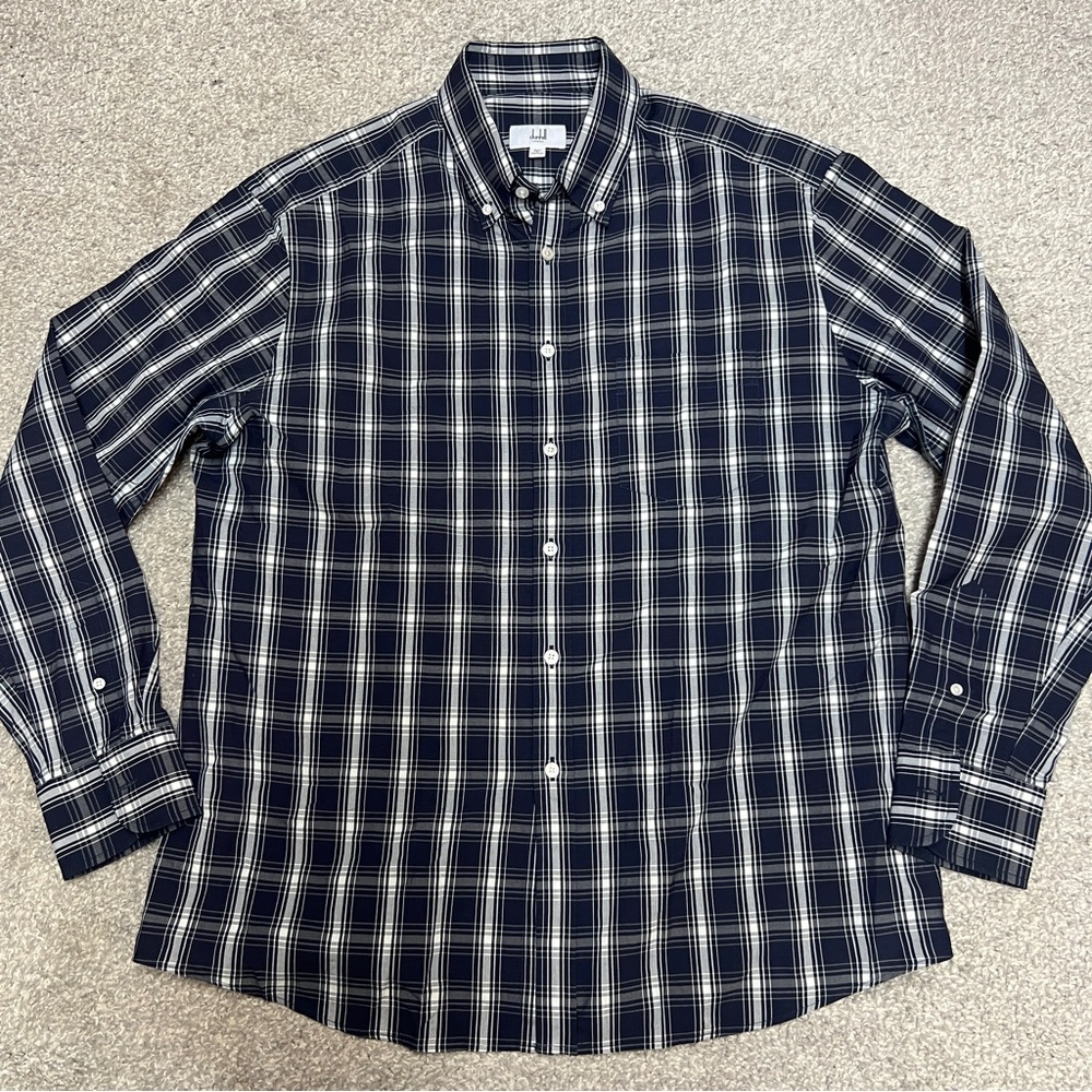 Dunhill London Shirt Mens XL Blue White Plaid Button Up Shirt Cotton Casual